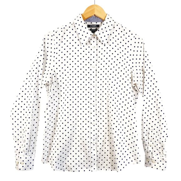 Chaps, No Iron Navy and White Polka Dot Button Down Shirt, Long Sleeve, Size Med - Picture 1 of 16